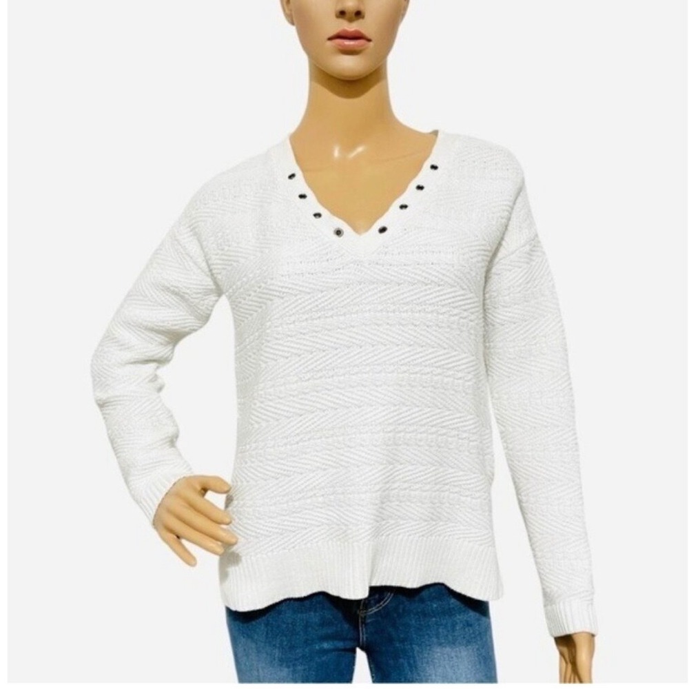 Athleta XXS White Textured Knit V-Neck Sweater Pullover Long Sleeve Casual - Picture 3 of 12